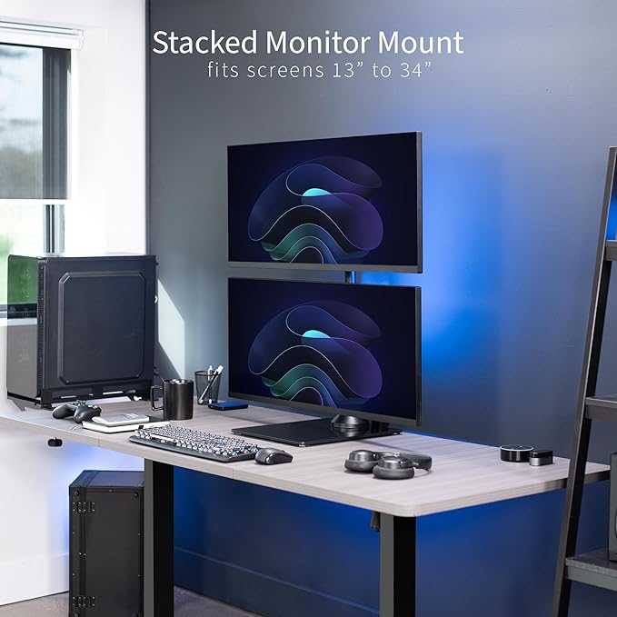 VIVO Dual Monitor Desk Stand with Tempered Glass Base, Free-Standing LCD Mount, Holds in Stacked Vertical Position 2 Ultrawide Screens up to 34 inches, Black, STAND-V002LG