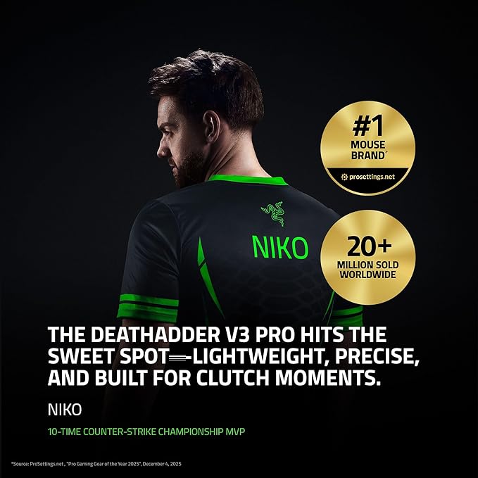 Razer DeathAdder V3 Pro Wireless Gaming Mouse: 64g Lightweight Ergonomic - 30K DPI Optical Sensor - Gen-3 Optical Switches - 8 Programmable Controls - Up to 90 Hr Battery - White