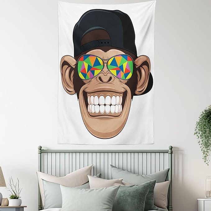 Ambesonne Cartoon Tapestry, Fun Hipster Monkey with Colorful Sunglasses and Hat Rapper Hippie Ape Art, Fabric Wall Hanging Decor for Bedroom Living Room Dorm, 23" X 28", White Brown