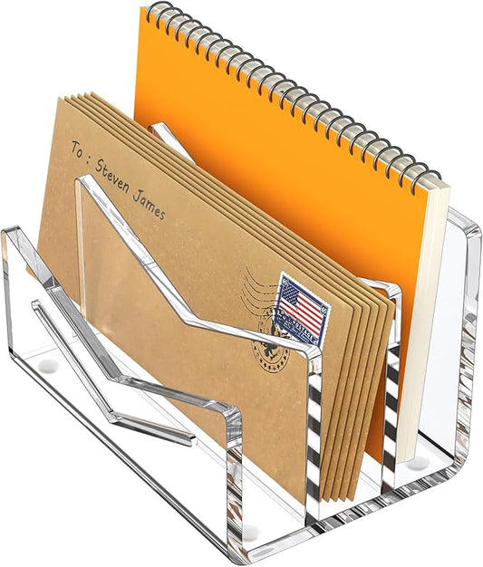 Beego Envelope and Mail Organizer Countertop - 3 Compartments Clear Acrylic Desk Organizer Letter Holder Desktop File Sorter Bill Document Folder Rack for Office, Home, School Desk Organization