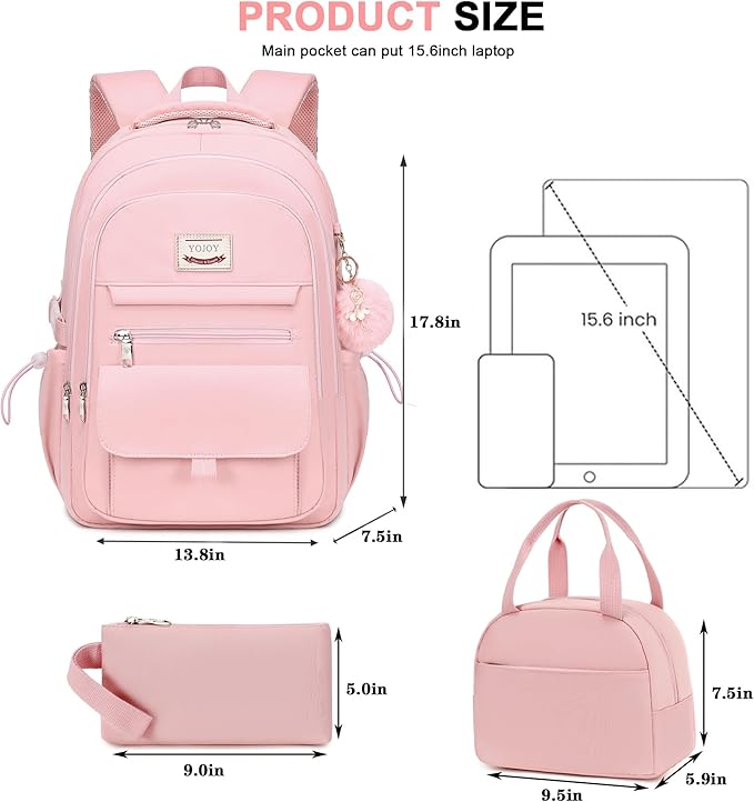 School Bag for Teens Girls,Girls Backpack Set,3 PCS Kids Backpack for Women,15.6 Inch Laptop Middle High School College Student Casual Travel Daypack with Lunch Box Pencil Pouch Set(Pink)