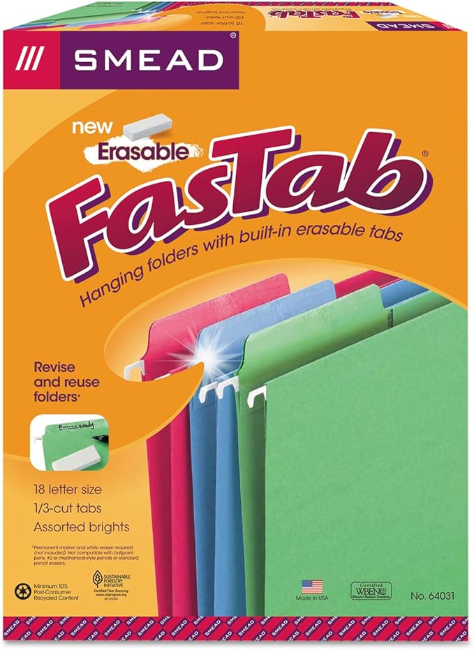 Smead Erasable FasTab Hanging File Folder, 1/3-Cut Built-in Tab, Letter Size, Assorted Primary Colors, 18 per Box (64031), Primary Color Assortment