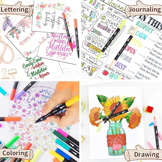 Coloring Markers Pen, Dual Brush Tip Marker for Adult Coloring, 34 Color Calligraphy Brush Fine Tip Pen for Beginner Journal Planner, Drawing, Doodle