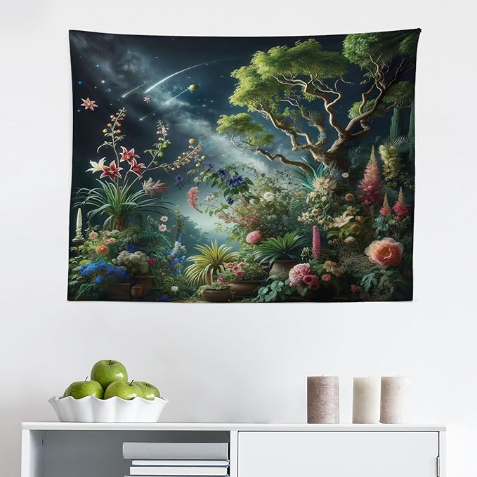 Ambesonne Aesthetic Tapestry, Exotic Forest of Twilight with Trees Bushes and Flowers Falling Stars, Fabric Wall Hanging Decor for Bedroom Living Room Dorm, 28" X 23", Green Dark Night Blue