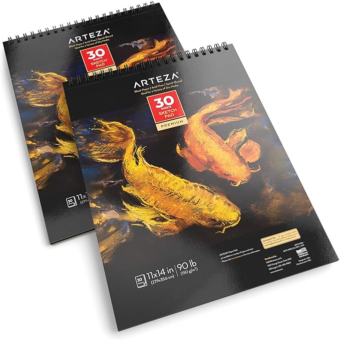 ARTEZA Spiral Sketch Book 11x14 Black Art Paper Drawing Pad 2 Pack 30 Sheets Sketch Pads for Drawing