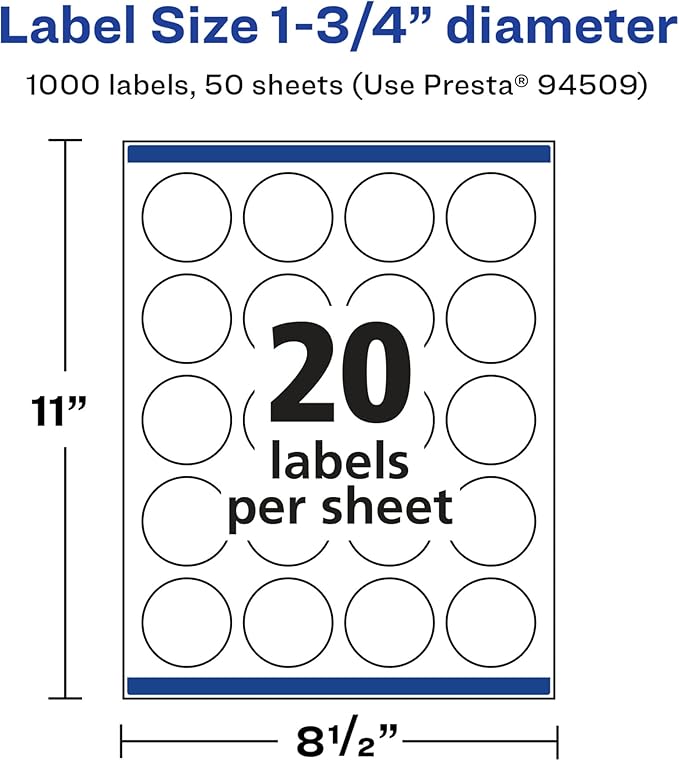 Avery Glossy White Round Labels, Sure Feed Technology, 1.75" Diameter, 1,000 Glossy White Labels, Print-to-The-Edge, Permanent Adhesive, Laser/Inkjet Printable