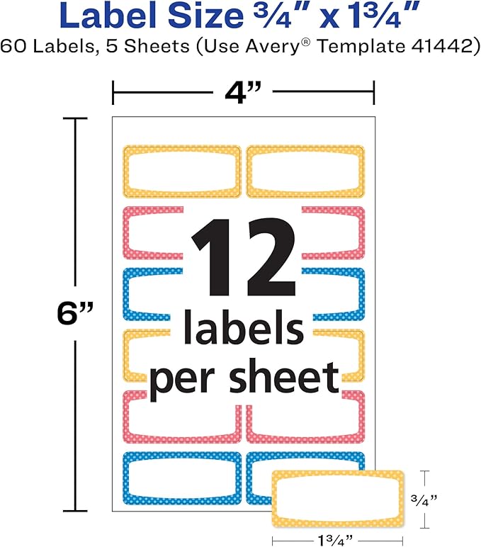 Avery Durable Labels for Kids' Gear,3/4" x 1-3/4",Assorted Border Colors,Water-Resistant Labels,60 Total (41442),(Pack of 2)