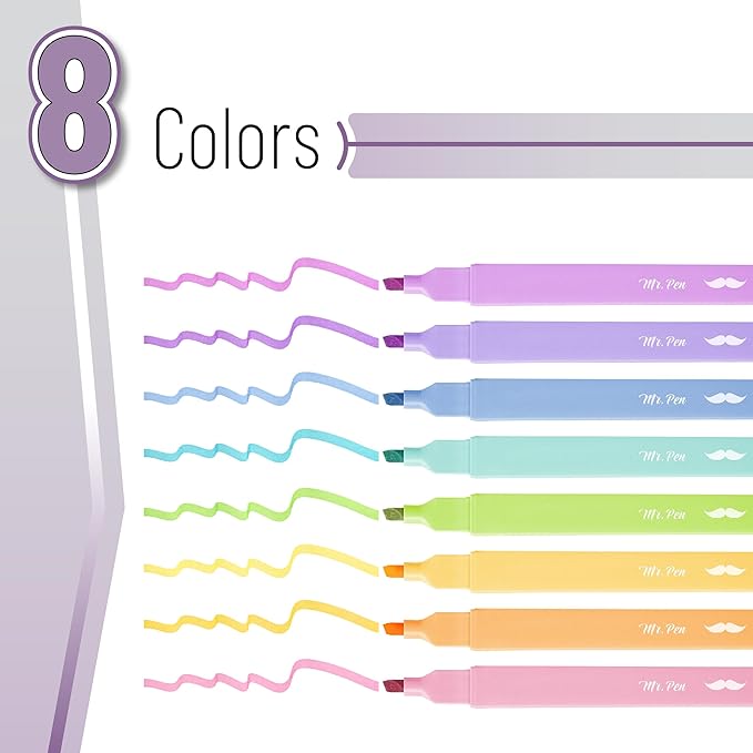 Mr. Pen- Aesthetic Highlighters, 8 Pcs, Chisel Tip, Pastel Candy Colors, Cute Assorted Colors, Bible Highlighters and Pens No Bleed for Bible Pages (Pack of 2)