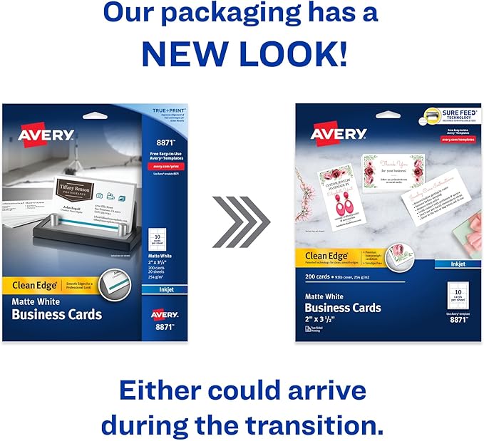 Avery Clean Edge Printable Business Cards with Sure Feed Technology, 2" x 3.5", White, 200 Blank Cards for Inkjet Printers (08871)