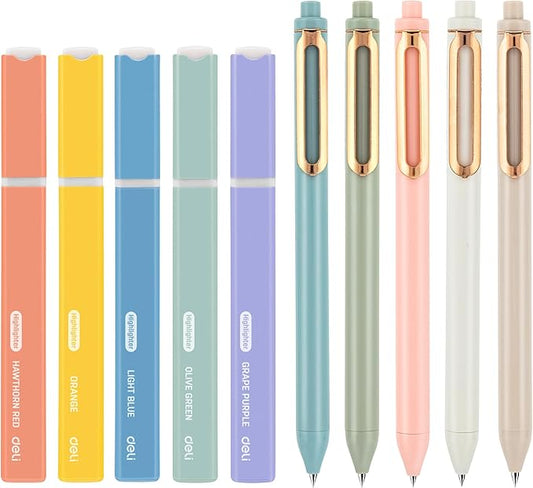 deli Aesthetic Highlighters And Gel Pens,10 Pack, No Bleed Bible Highlighters, Assorted Color, Black Ink Gel Pens, Dry Fast For Bibles Journaling Planner Notes