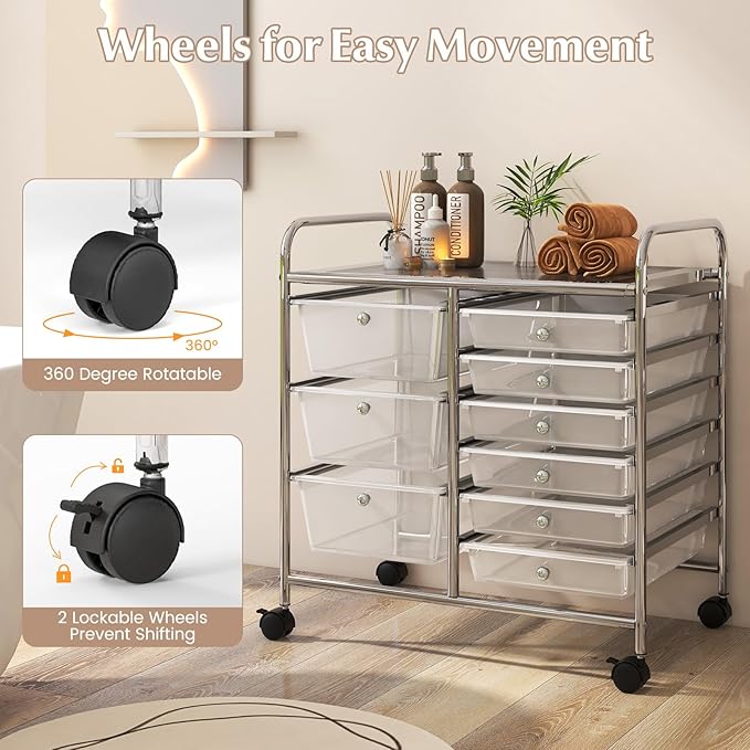 COSTWAY Rolling Storage Cart with 9 Drawer, Mobile Utility Cart with Metal Frame, Art Supply Craft Organizer, Multipurpose Storage Organizer for Paper, Office, School Teacher, Classroom, Transparent