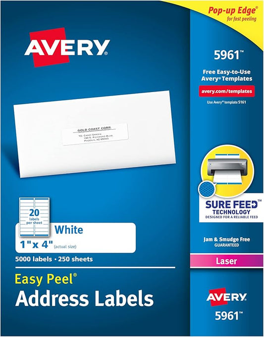 Avery Mailing Address Labels, Laser Printers, 5,000 Labels, 1 x 4, Permanent Adhesive, 2 Packs (5961)