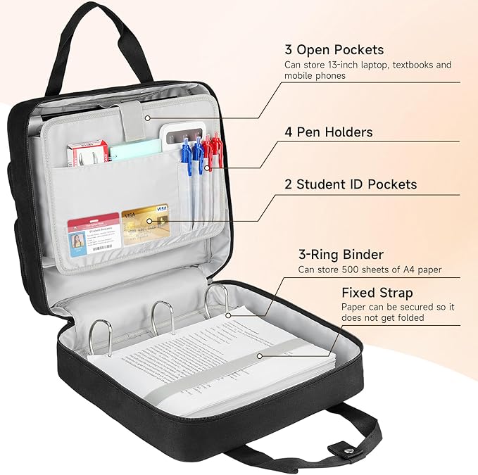 Zipper Binder 3 Ring, 500 Sheets Capacity, Binder 2 Inch with Shoulder Strap Fits 13 Inch Laptop for School and Office,Black