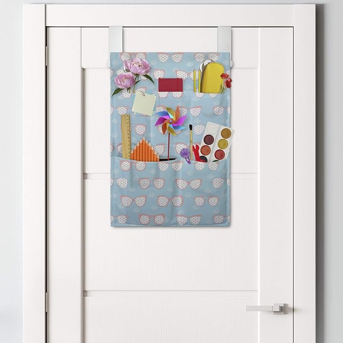 Ambesonne Pastel Hanging Pocket Organizer, Eyeglasses on a Background of Mini-Clouds, Printed Polyester Storage Bag with Pockets, 14" x 20", Blue Blush