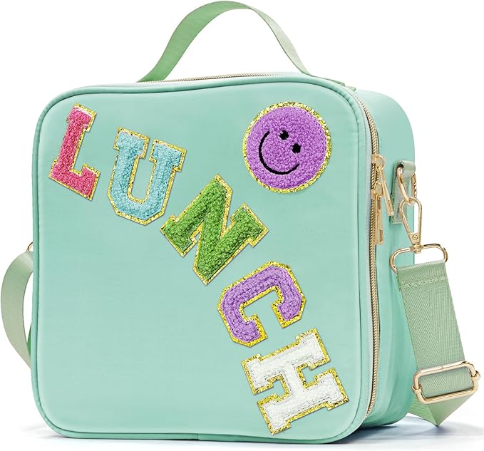 Insulated Lunch Bag Women Lunch Box Kids for Teen Girls Boys, Cute Preppy Lunch Boxes With Adjustable Shoulder Strap, Waterproof Nylon Lunchbox Lunch Bags for School Work Picnic (Green)