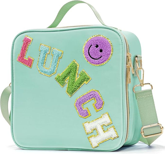 Insulated Lunch Bag Women Lunch Box Kids for Teen Girls Boys, Cute Preppy Lunch Boxes With Adjustable Shoulder Strap, Waterproof Nylon Lunchbox Lunch Bags for School Work Picnic (Green)
