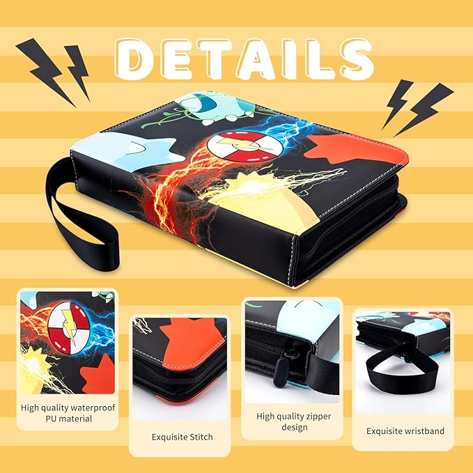 Card Binder 4 Pocket with 50 Removable Sleeves-Can Hold 400 Cards,3-Ring Zipper Sports Book is Gifts for Boys and Girls（Black）