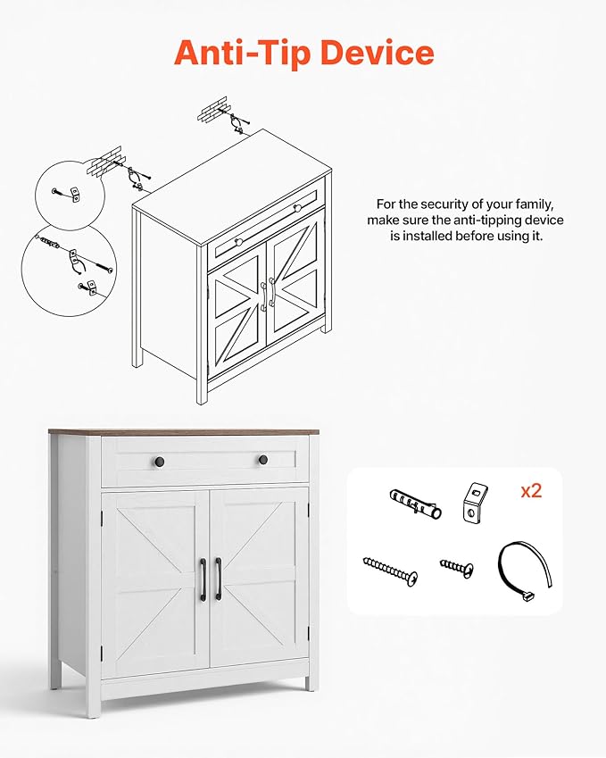 VEVOR Buffet Cabinet, Farmhouse Sideboard Cabinet with Drawer, Coffee Bar Cabinet with 2 Barn Door, Sideboard Buffet Station for Living Room, Entryway, Kitchen, 29.5 x 14.7 x 31.5 in, White