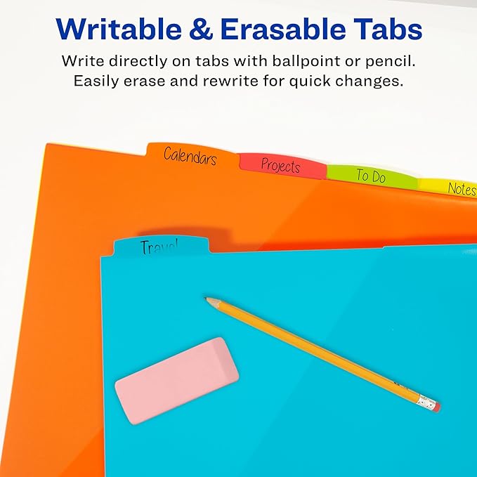 Avery Durable Plastic 8 Tab Write & Erase Dividers with Pockets for 3 Ring Binders, Multi Brights, Works with Sheet Protectors (16103)