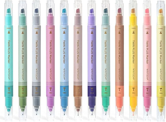 WRITECH Dual Tip Highlighter Markers: Aesthetic Fine & Chisel Tip Pastel Vintage Marker Multicolor Pens Pack No Bleed & Smear for Bible Highlighting Journaling, Assorted Colors 12ct
