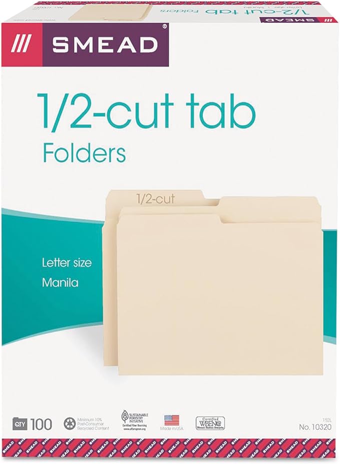 Smead SuperTab File Folder, Oversized 1/2-Cut Tab, Letter Size, Manila File Folders, 100 per Box (13020)