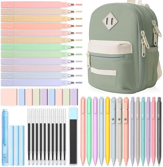51 PCS Aesthetic School Supplies with Cute Pencil Case, 12 Pastel Highlighters, 8 Quick Dry Retractable Black Ink Pens, 6 Pastel Mechanical Pencil Student Stationary Bible Study Supplies(Beige Green)