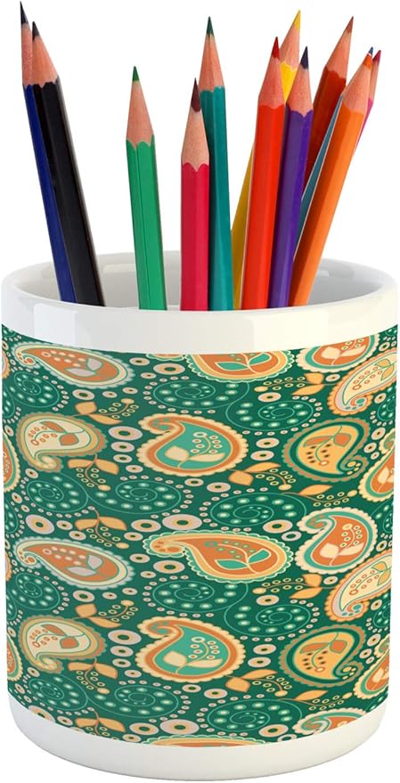 Ambesonne Ethnic Pencil Pen Holder, Paisley Leaves with Folkloric Features Floral Pattern, Printed Ceramic Pencil Pen Holder for Desk Office Accessory, Apricot Hunter Green