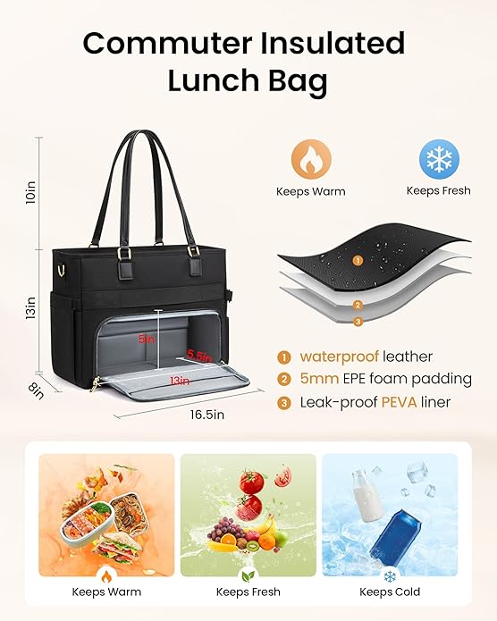 LOVEVOOK Teacher Tote Bag, Laptop Bag for Women with Large Cup Holder & Accordion File Area, Work Tote Bag for Business