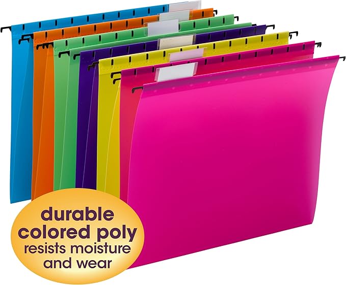 Smead Poly Plastic Hanging File Folders for Documents with Tabs, Letter Size, 0.5 Inch Expansion, File Cabinet Organizer for Filing Cabinets, Assorted Bright Colors, 12 Pack, Office Supplies (64030)