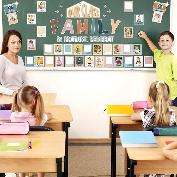 52 Pcs Boho Bulletin Board Decor for Classroom, Our Class is a Family Picture Frame Bulletin Board Set for Teachers Chalkboard School Home Door Decor