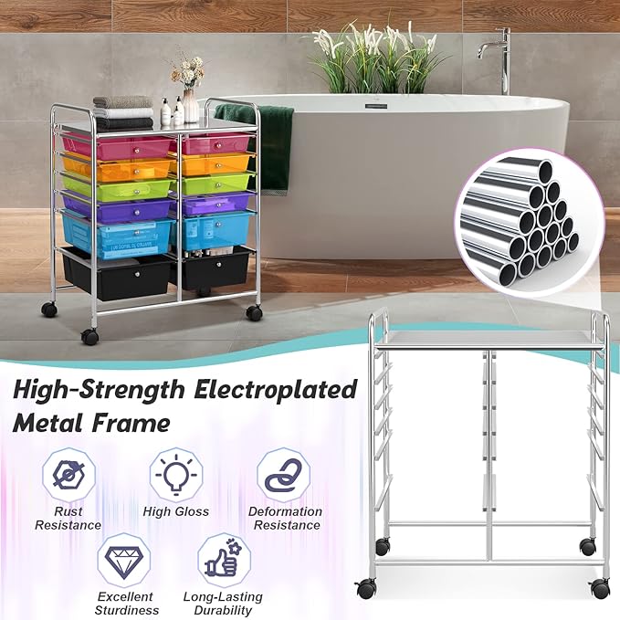 COSTWAY 12-Drawer Rolling Storage Cart, Moveable Art Craft Organizer W/Lockable Wheels, Metal Shelf, Files Arrangement Tools Makeup Storage Cart for Office, Home, School (Rainbow)