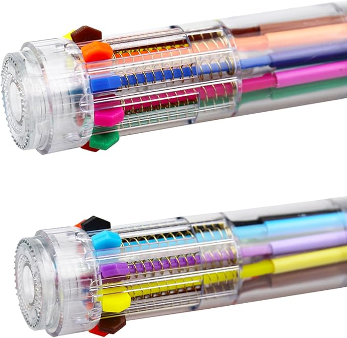 HeTaoCat Multicolor Pens 1 Pack 0.5mm 10-in-1 Retractable Ballpoint Pens - 10 Colors Transparent Barrel Ballpoint Pen for Office Supplies (Multicolor)