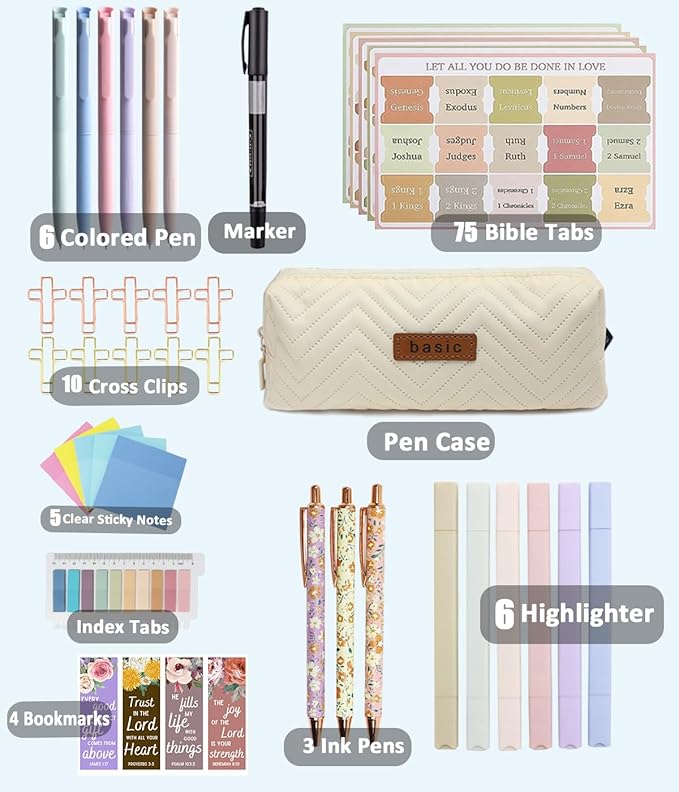 PartyGalore Bible Study Supplies Journaling Kit with Tabs and Highlighter, Pen Case, Bookmark, Bible Annotation kit, Bible Study Group Essentials Accessories for Women Students Christian Gifts