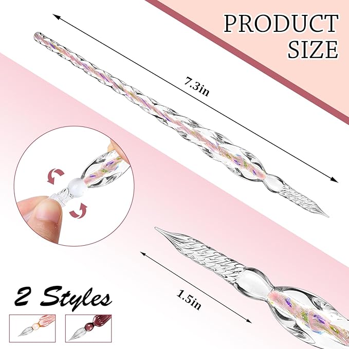 Zonon 6 Pieces Handmade Glass Dip, Crystal Glass Signature Calligraphy Vintage Dip Ink Pen Borosilicate Present Pen for Writing Drawing Decoration(Pink Color,Classic Style)