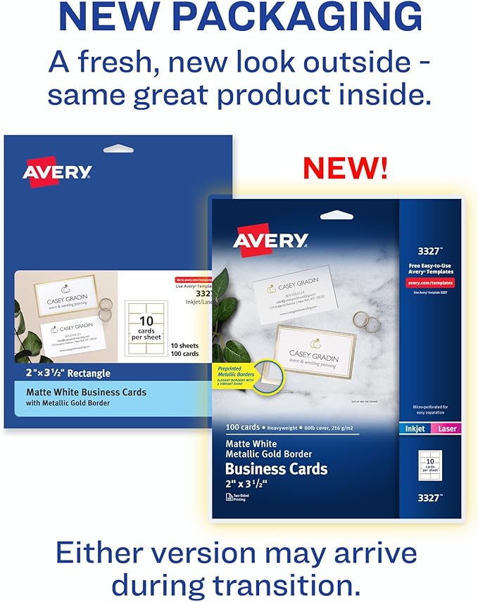 Avery Business Cards, Metallic Gold Borders, 2" x 3.5", 100 Total, Laser/Inkjet Printable Business Cards (3327)