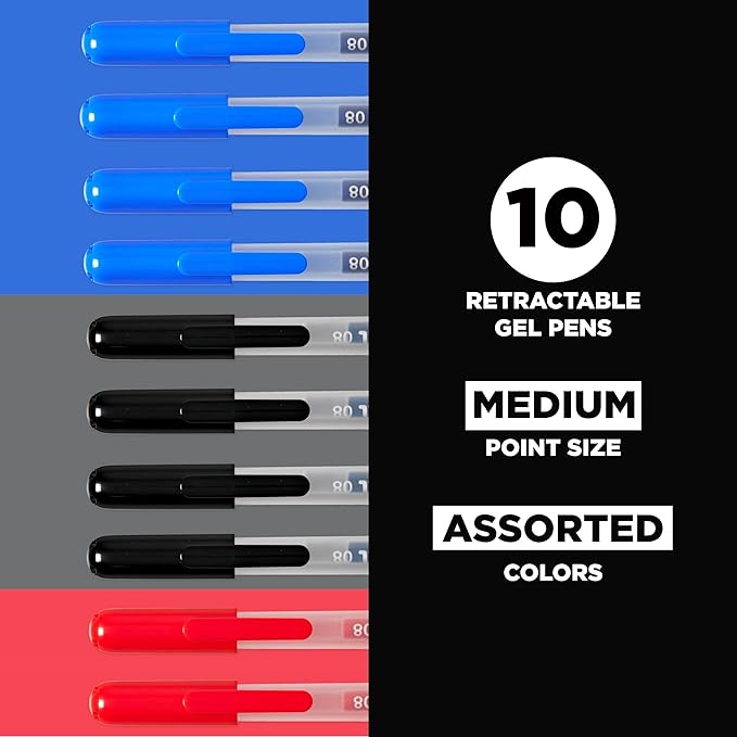 SAKURA Gelly Roll Retractable Gel Pens Colored - Classic Color Set - Medium Point Ink Pen for Journaling, Art, or Drawing - With Black, Blue & Red Ink - 10 Pack