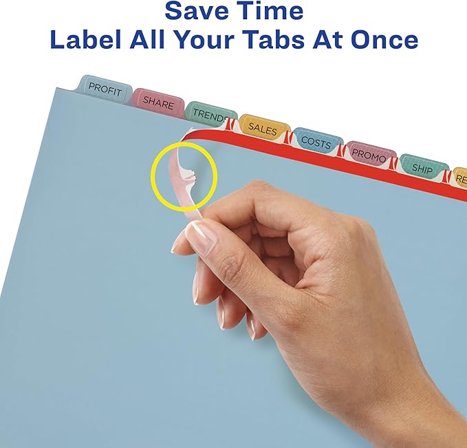 Avery 8 Tab Plastic Dividers for 3 Ring Binder, Easy Print & Apply Clear Label Strip, Index Maker Customizable Multicolor Tabs, 5 Sets (11433)