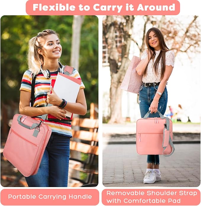 ChezMax Zipper Binder 3 Ring with Lunch Box - Zipper Binder Organizer Bag with Shoulder Strap & Handle, 2 Inch O Ring Binders, Large 500 Sheet Capacity & Multi-Pocket Binders Bag Organizer, Pink