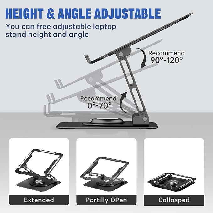 Laptop Stand for Desk, Adjustable Computer Stand with 360° Rotating Base, Ergonomic Laptop Riser for Collaborative Work, Foldable & Portable Laptop Stand, fits for All 10-16" Laptops (Black)