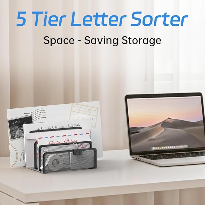Mail Organizer with 5 Slot, Metal Mail Holder for Desk, Office File Holder Letter Organizer for Mails (Black)