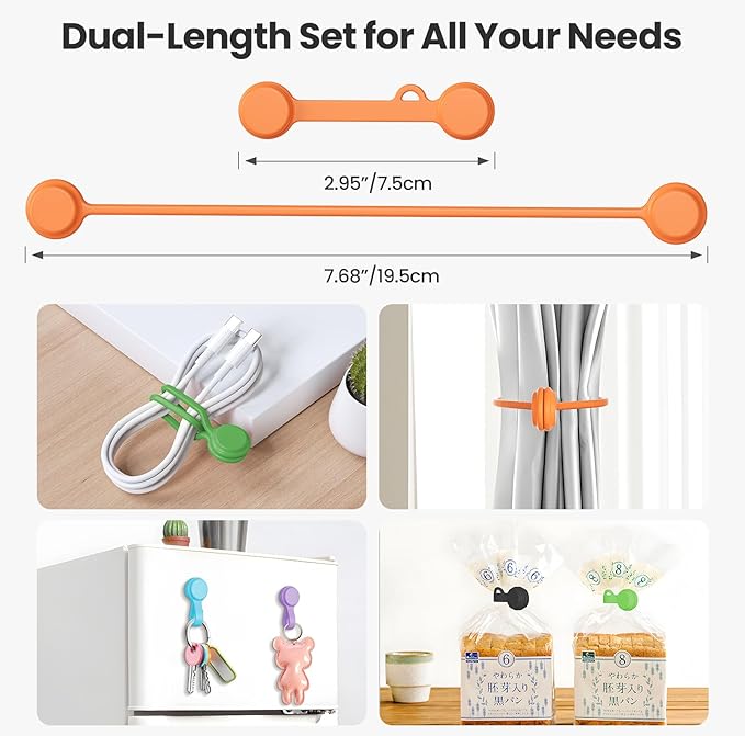 Tounee Reusable Silicone Magnetic Cable Ties - 2 Sizes Combo (4pcs 2.95'' + 4pcs 7.68'') - Multi-Purpose for Cable Bundling, Organizing, Bookmarks & Fridge Magnets - Assorted Colors, 8-Pack