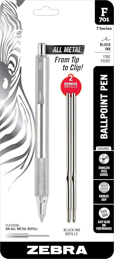 Zebra Pen F-701 Retractable Ballpoint Pen, 0.8mm Fine Point, Stainless Steel Barrel, Black Metal Pen with 2 Ink Refills