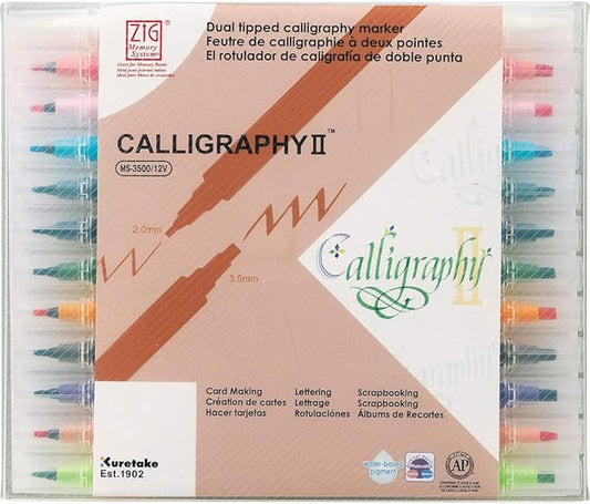 Kuretake ZIG CALLIGRAPHY 2 Dual Tip Markers 12 colors set, 2mm, 3.5mm, Square tips, AP-Certified, No mess, Photo-Safe, Acid Free, Lightfast, Odourless, Xylene Freeing, For Beginners, Made in Japan
