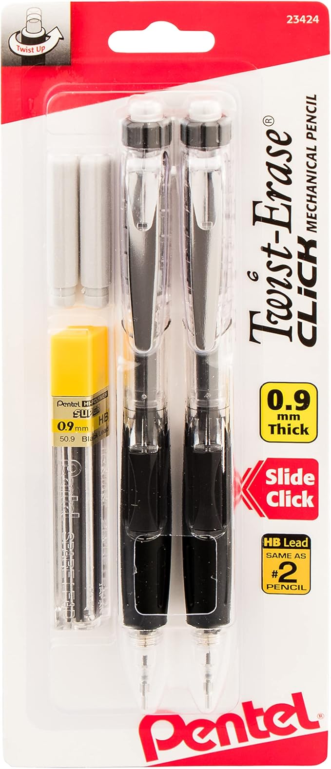 Pentel Twist Erase Click Automatic Pencil with 2 Eraser Refills and Lead, 0.9 mm, Assorted Barrels, Color May Vary, 2 Pack (PD279TLEBP2)