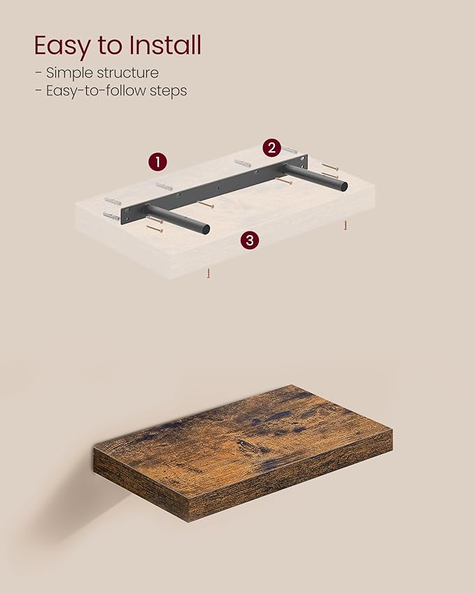 VASAGLE Wall Shelves Set of 2, Floating Shelves, Wall Mounted, 8 x 15.7 x 1.5 Inches, Display Shelves for Picture Frames, Wall Decor, Hanging Shelf for Living Room, Kitchen, Rustic Brown ULWS054B01