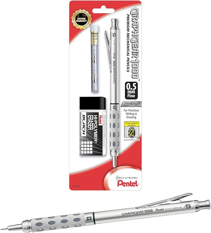 Pentel GraphGear 1000 Mechanical Drafting Pencil (0.5mm), Eraser Refills, 1-Pk (PG1015EBP)
