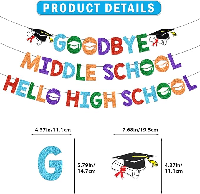 Goodbye Middle Hello High School Banner 8th Grade Graduation Decorations Graduation Banner Class of 2026 for 8th Grad Graduation Party Decorations Glitter