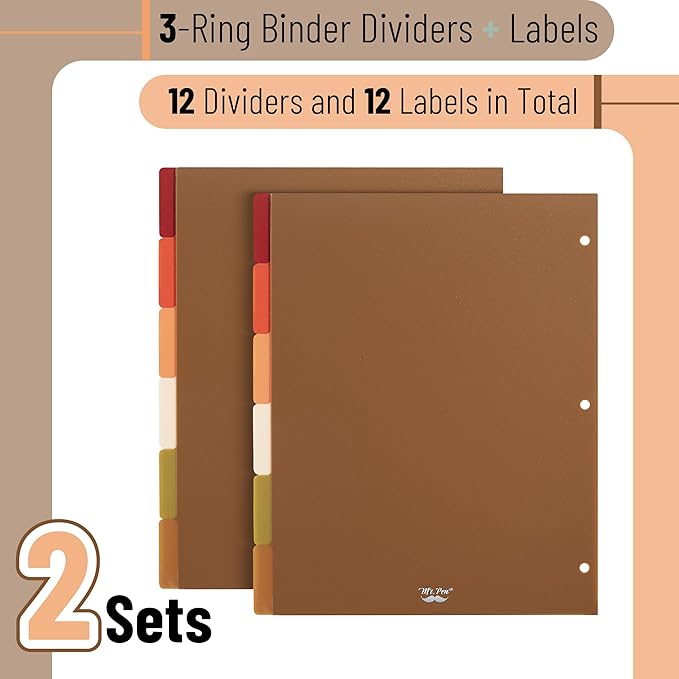 Mr. Pen- 3 Ring Binder Dividers with Tabs, 2 Sets, 6 Pack/Set, Letter Size, Vintage Colors, Plastic 6 Tab Dividers for 3 Ring Binder with 12 pcs Labels