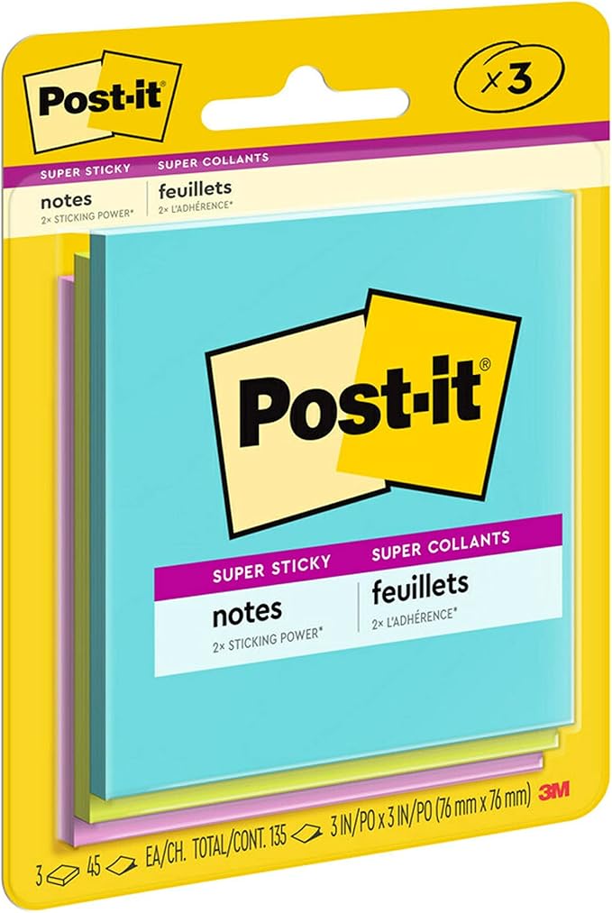 Post-it Super Sticky Notes, 3 Sticky Note Pads, 3 x 3 in., School Supplies, Office Products, Sticky Notes for Vertical Surfaces, Monitors, Walls and Windows, Supernova Neons Collection