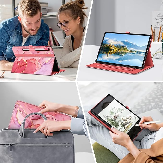 Fintie Case for Samsung Galaxy Tab S10 Lite/ S10 FE/ S9 FE 5G 10.9 Inch/Tab S9 11 Inch with S Pen Holder, Multi-Angle Viewing Protective Cover with Pocket, Auto Sleep/Wake, Marble Pink